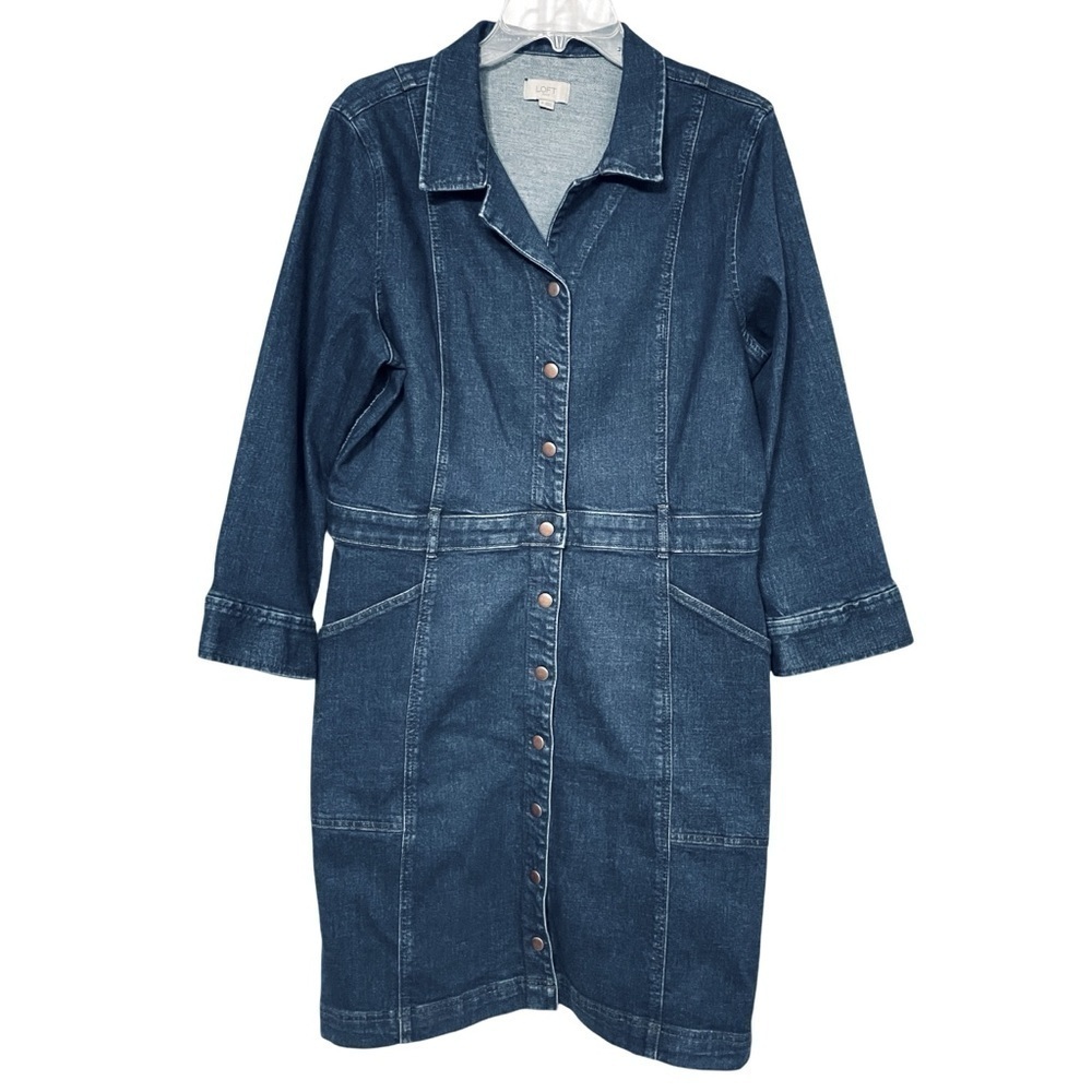 Ann Taylor Classic Dark Denim Button Front Dress Long Sleeve w/ Pockets Size 16 - Picture 2 of 14